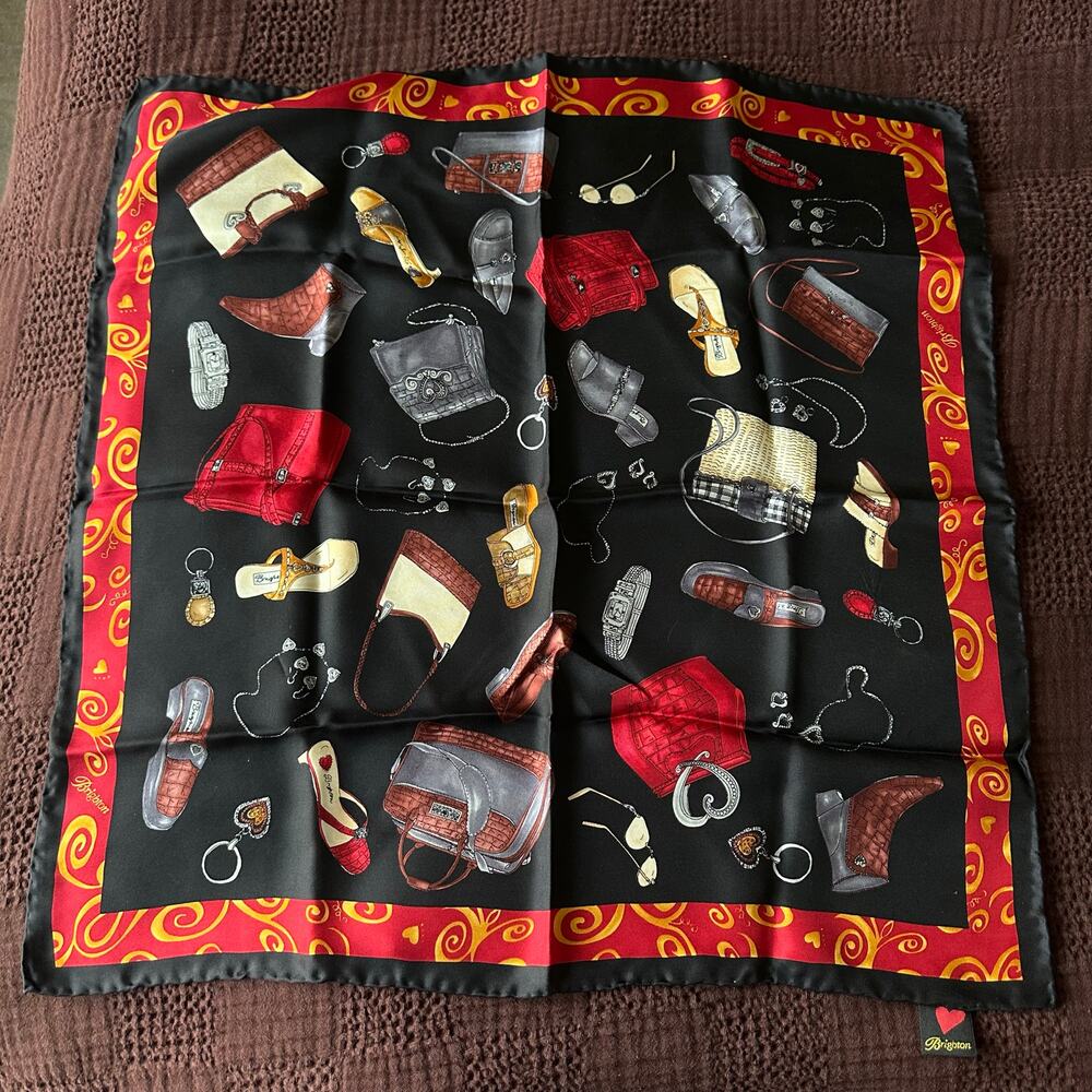 Brighton Vintage 100% Silk Black/Red Bags Shoes Accessories Shopping Motif Scarf - Picture 3 of 7